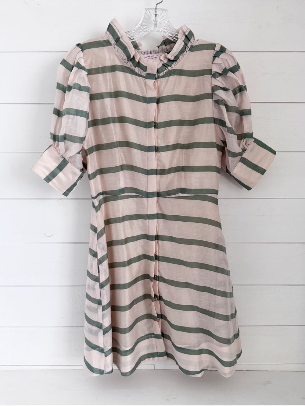 Ruffled Collar Midi Dress in Blush and Olive Stripes - BURU boutique brand - Picture 1 of 9